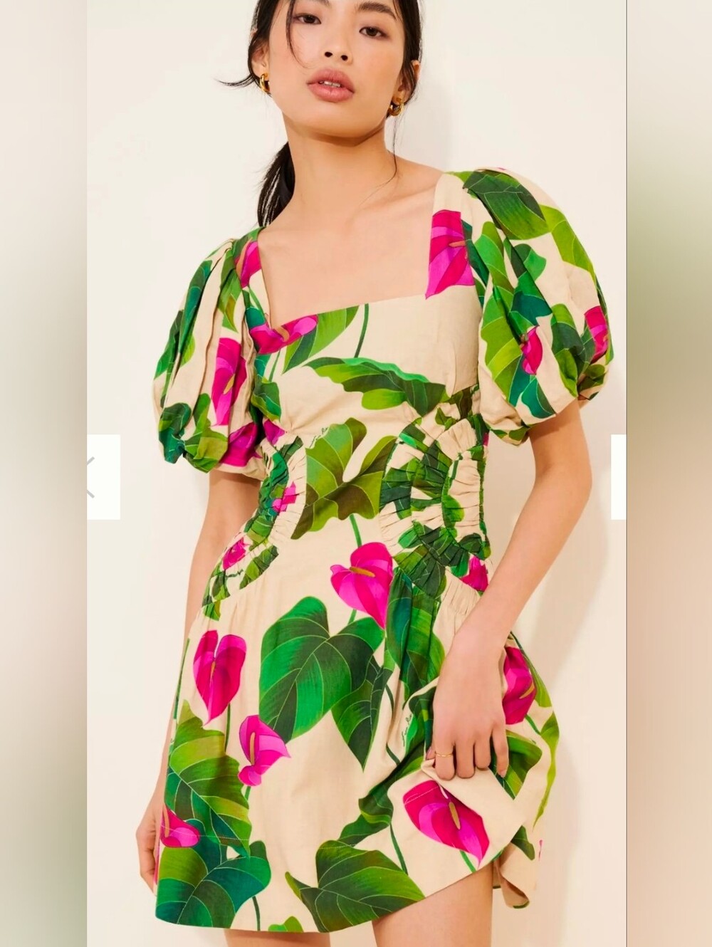The Farm Rio Anthurium Leaves Short-Sleeve Square-Neck Mini Dress Size XS
